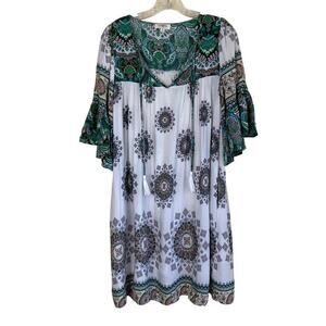 Umgee Sz M Boho Shift Mini Dress Bell Sleeves Tassel Tie Green Paisley Print